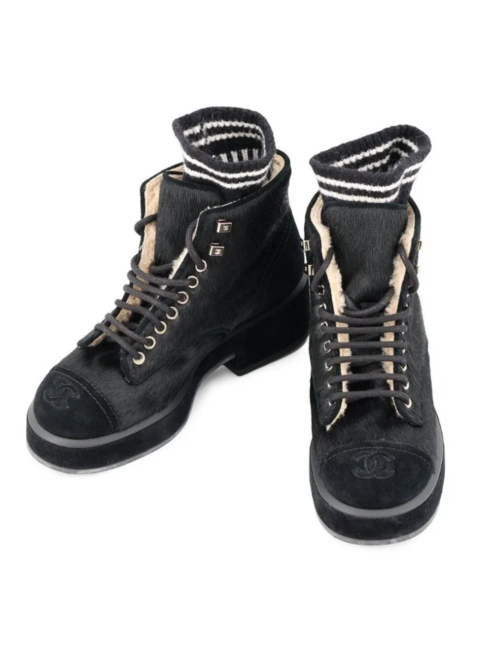 Chanel Short Boots CC Logo Calf Hair Suede 35c Shoes Black
